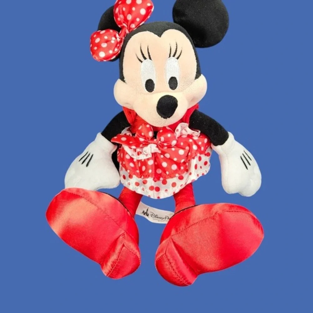 Disney Parks Minnie Mouse Plush Stuffed Animal Polka Dot Ruffled Dress Hair Bow